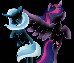 Size: 666x561 | Tagged: safe, artist:xxtailsytailsxx, derpibooru import, trixie, twilight sparkle, twilight sparkle (alicorn), alicorn, pony, unicorn, black background, crying, female, lesbian, mare, sad, shipping, simple background, twixie