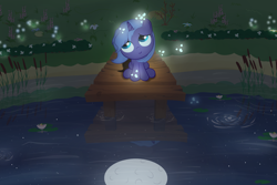 Size: 3000x2000 | Tagged: safe, artist:cpt-firespit, princess luna, alicorn, firefly (insect), pony, cute, filly, looking up, lunabetes, night, pond, reflection, sitting, smiling, solo, woona