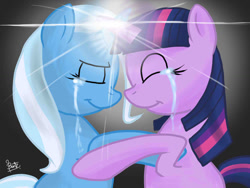 Size: 1024x768 | Tagged: safe, artist:benkomilk, derpibooru import, trixie, twilight sparkle, crying, eyes closed, female, happy, horns are touching, hug, lesbian, magic, shipping, simple background, smiling, twixie