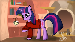 Size: 1280x720 | Tagged: safe, artist:inivonwini, derpibooru import, twilight sparkle, clothes, golden oaks library, hot chocolate, library, sweater