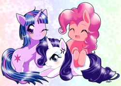 Size: 981x700 | Tagged: safe, artist:livvychan, derpibooru import, pinkie pie, rarity, twilight sparkle, earth pony, pony, unicorn, female, horn, mare