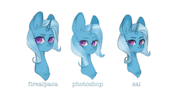 Size: 3000x1600 | Tagged: safe, artist:calcifei, derpibooru import, trixie, pony, unicorn, bust, colored pupils, comparison, female, firealpaca, mare, paint tool sai, photoshop, portrait, simple background, solo, white background