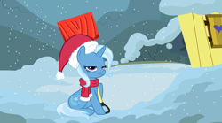 Size: 2670x1487 | Tagged: safe, artist:neutronalchemist, derpibooru import, trixie, pony, unicorn, christmas, clothes, hat, holiday, santa hat, scarf, shovel, snow, snow shovel, trixie's wagon, unamused