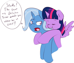 Size: 2869x2435 | Tagged: safe, artist:kryptchild, derpibooru import, trixie, twilight sparkle, twilight sparkle (alicorn), alicorn, pony, cute, female, lesbian, mane, mare, munching, nom, request, shipping, speech bubble, twixie