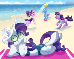 Size: 2500x2000 | Tagged: safe, artist:guzzlord, derpibooru import, rarity, starlight glimmer, trixie, twilight sparkle, twilight sparkle (alicorn), alicorn, crab, pony, unicorn, anatomically incorrect, beach, beach ball, bikini, clothes, cucumber, food, happy, hat, incorrect leg anatomy, smiling, sunbathing, swimsuit