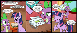 Size: 1500x656 | Tagged: safe, artist:madmax, derpibooru import, spike, twilight sparkle, dragon, comic, fax machine