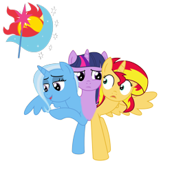 Size: 2000x2000 | Tagged: safe, artist:mlpconjoinment, derpibooru import, sunset shimmer, trixie, twilight sparkle, alicorn, pony, conjoined, counterparts, fusion, magical trio, multiple heads, simple background, three heads, three-headed pony, transparent background, twilight's counterparts, what has science done