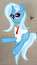 Size: 633x1088 | Tagged: safe, artist:alexanderhunt88, derpibooru import, trixie, pony, unicorn, clothes, female, mare, smiling, solo, suit