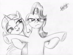 Size: 2127x1608 | Tagged: safe, artist:3500joel, derpibooru import, starlight glimmer, trixie, pony, unicorn, all bottled up, bipedal, duo, female, floppy ears, inconvenient trixie, mare, monochrome, scene interpretation, signature, simple background, traditional art, trixie's puppeteering, unamused, white background