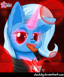 Size: 831x1000 | Tagged: safe, artist:clouddg, derpibooru import, trixie, pony, unicorn, alicorn amulet, female, glowing eyes, glowing horn, looking at you, mare, red eyes, solo