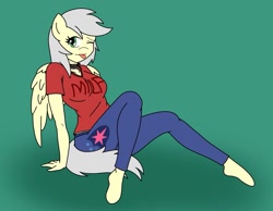 Size: 1113x865 | Tagged: safe, artist:linedraweer, derpibooru import, shining armor, oc, oc:silverlay (pegasus), anthro, pegasus, anthro oc, clothes, commission, cutie mark, female, milf, one eye closed, pants, seductive, shirt, sitting, solo, tongue out, wings, wink