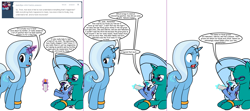 Size: 1804x800 | Tagged: safe, artist:dekomaru, derpibooru import, trixie, oc, oc:hazel lulamoon, oc:nebula, pony, ask, baby, baby bottle, baby pony, colt, female, grandmother and grandchild, magic, magical lesbian spawn, male, offspring, parent:trixie, parent:twilight sparkle, parents:twixie, tumblr, tumblr:ask twixie