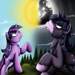 Size: 1150x1150 | Tagged: safe, artist:jamescorck, derpibooru import, trixie, twilight sparkle, duality, twilight unbound, werelight shine