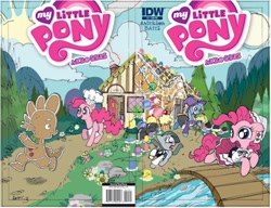 Size: 400x307 | Tagged: safe, artist:tonyfleecs, derpibooru import, idw, marble pie, pinkie pie, spike, trixie, dragon, earth pony, pony, cover, gingerbread house, gingerbread man, hansel and gretel, sisters, twins, witch