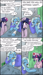 Size: 1784x3080 | Tagged: safe, artist:ciriliko, derpibooru import, trixie, twilight sparkle, bandage, bandaid, comic, creeper, hospital, nurse, nurse outfit