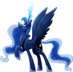 Size: 1151x1137 | Tagged: safe, artist:heloise78, artist:longmuzzlepony, princess luna, alicorn, pony, looking up, magic, raised hoof, simple background, solo, spread wings, transparent background