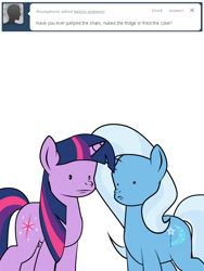 Size: 600x800 | Tagged: safe, artist:dekomaru, derpibooru import, trixie, twilight sparkle, pony, ask, confused, faic, simple background, tumblr, tumblr:ask twixie, white background