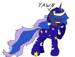 Size: 2560x1920 | Tagged: safe, artist:dreamsulu, princess luna, alicorn, pony, clothes, crying, eyes closed, footed sleeper, hat, messy mane, nightcap, open mouth, pajamas, raised hoof, solo, yawn