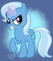 Size: 800x928 | Tagged: safe, artist:brusuky, derpibooru import, trixie, pony, unicorn, glowing horn, grin, magic, raised hoof, smiling, solo