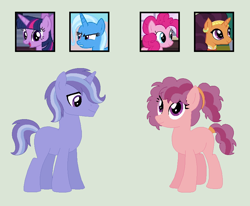 Size: 834x686 | Tagged: safe, artist:srbarker, derpibooru import, pinkie pie, saffron masala, trixie, twilight sparkle, oc, earth pony, pony, unicorn, female, lesbian, mare, saffronpie, shipping, twixie