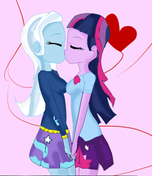 Size: 910x1052 | Tagged: safe, artist:monnief123, artist:soni8888, derpibooru import, trixie, twilight sparkle, equestria girls, base used, clothes, female, hoodie, kissing, lesbian, shipping, skirt, twixie