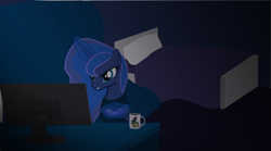 Size: 1262x703 | Tagged: safe, artist:anomalka, princess luna, alicorn, pony, zombie, enderman, gamer luna, minecraft, night, solo