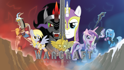 Size: 10881x6121 | Tagged: safe, artist:amarthgul, derpibooru import, derpy hooves, discord, king sombra, princess cadance, shining armor, starlight glimmer, trixie, alicorn, pony, unicorn, absurd resolution, armor, clothes, crossover, cup, epic derpy, magic, mallet, poster, scepter, split screen, staff, sword, teacup, twilight scepter, warcraft, weapon