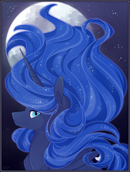 Size: 770x1020 | Tagged: safe, artist:captivelegacy, princess luna, alicorn, pony, beautiful, ethereal mane, female, flowing mane, lidded eyes, looking at you, mare, moon, side view, smiling, solo, starry mane, starry tail, stars