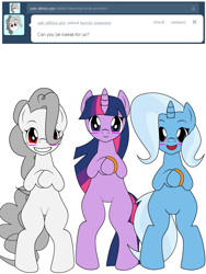 Size: 600x800 | Tagged: safe, artist:albinon, artist:dekomaru, derpibooru import, pinkie pie, trixie, twilight sparkle, earth pony, pony, unicorn, albino pie, ask, ask-albino-pie, bipedal, blushing, cute, female, lesbian, mare, ring, shipping, tumblr, tumblr:ask twixie, twixie, wedding ring