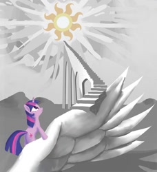 Size: 850x932 | Tagged: safe, artist:gsphere, derpibooru import, twilight sparkle, unicorn twilight, pony, unicorn, solo, stairs, sun