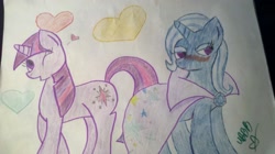 Size: 2592x1456 | Tagged: safe, artist:umbreon-boogiebambam, derpibooru import, trixie, twilight sparkle, pony, unicorn, female, heart, lesbian, mare, shipping, traditional art, twixie