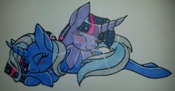 Size: 1023x530 | Tagged: source needed, safe, artist:bleedingwings12, derpibooru import, trixie, twilight sparkle, pony, unicorn, blushing, eyes closed, female, lesbian, mare, shipping, traditional art, twixie, watermark