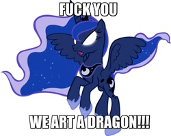 Size: 1003x797 | Tagged: safe, princess luna, alicorn, pony, fuck you i'm a dragon, fyiad, image macro, meme, otherkin, royal we, solo, traditional royal canterlot voice, vulgar, yu yu hakusho abridged