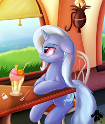 Size: 3400x4000 | Tagged: safe, artist:katakiuchi4u, derpibooru import, trixie, pony, unicorn, chair, female, floppy ears, food, grass, ice cream, mare, sitting, solo, spoon, table, train