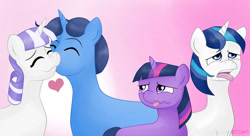 Size: 900x491 | Tagged: safe, artist:cytidine, derpibooru import, night light, shining armor, twilight sparkle, twilight velvet, pony, unicorn, brother and sister, disgusted, female, heart, husband and wife, kissing, male, mother and father, nightvelvet, parent, siblings, sparkle family, tongue out