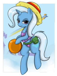 Size: 900x1200 | Tagged: safe, artist:pijinpyon, derpibooru import, spitfire, trixie, pony, bipedal, clothes, frisbee, hat, solo, swimsuit