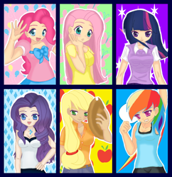 Size: 696x719 | Tagged: safe, artist:danteskitten, derpibooru import, applejack, fluttershy, pinkie pie, rainbow dash, rarity, twilight sparkle, cleavage, clothes, dress, female, humanized, mane six, skirt, tanktop