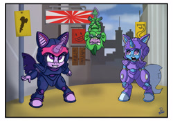 Size: 5016x3541 | Tagged: safe, artist:dinodraketakethecake, derpibooru import, spike, trixie, twilight sparkle, anthro, dragon, absurd resolution, armor, crossover, female, levitation, magic, open mouth, samurai pizza cats, telekinesis, unamused, upside down