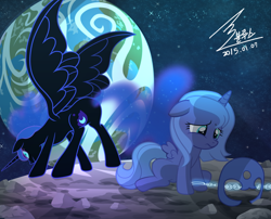 Size: 1100x890 | Tagged: safe, artist:bluse, nightmare moon, princess luna, alicorn, pony, chained, female, filly, floppy ears, helmet, mare in the moon, moon, sad, show accurate, woona