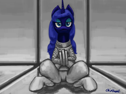 Size: 1024x768 | Tagged: safe, artist:chickhawk96, princess luna, alicorn, pony, insane asylum, luna is not amused, lunatic, solo, straitjacket, unamused