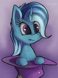 Size: 2232x3000 | Tagged: safe, artist:ferasor, derpibooru import, trixie, pony, unicorn, :o, bust, cheek fluff, chest fluff, clothes, cute, diatrixes, ear fluff, female, gradient background, hat, leaning, mare, open mouth, simple background, solo, trixie's hat