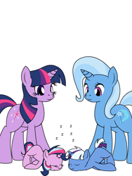 Size: 600x800 | Tagged: safe, artist:dekomaru, derpibooru import, trixie, twilight sparkle, oc, oc:aurora, oc:nebula, pony, unicorn, ask, colt, face down ass up, female, filly, lesbian, magical lesbian spawn, male, mare, offspring, parent:trixie, parent:twilight sparkle, parents:twixie, shipping, simple background, tumblr, tumblr:ask twixie, twixie, white background, zzz