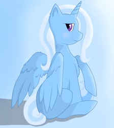 Size: 846x944 | Tagged: safe, artist:akkiv, derpibooru import, trixie, alicorn, pony, alicornified, blue background, race swap, simple background, sitting, solo, trixiecorn