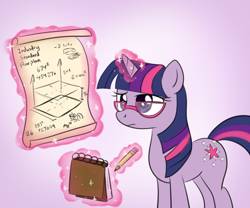 Size: 1200x1000 | Tagged: dead source, safe, artist:maplesunrise, derpibooru import, twilight sparkle, unicorn twilight, pony, unicorn, engineer, female, frown, glasses, glowing horn, horn, magic, mare, notepad, pencil, raised eyebrow, scroll, solo, telekinesis