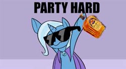 Size: 303x166 | Tagged: safe, derpibooru import, edit, trixie, pony, unicorn, applejack daniel's, booze, female, mare, party hard, solo, sunglasses