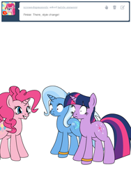 Size: 600x800 | Tagged: safe, artist:dekomaru, derpibooru import, pinkie pie, trixie, twilight sparkle, alicorn, pony, unicorn, ask, female, lesbian, race swap, shipping, tumblr, tumblr:ask twixie, twixie, xk-class end-of-the-world scenario