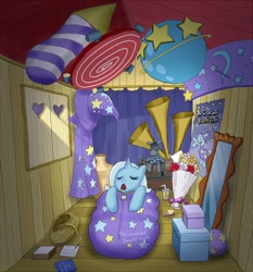 Size: 744x800 | Tagged: safe, artist:orca, derpibooru import, smarty pants, trixie, pony, unicorn, female, mare, pixiv, rope, shoebox, sleeping, sleeping bag, solo, trixie's wagon