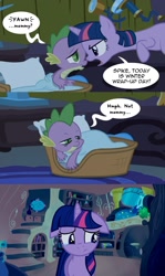 Size: 1280x2149 | Tagged: safe, derpibooru import, edit, edited screencap, screencap, spike, twilight sparkle, dragon, winter wrap up, basket, basket bed, bed, comic, crying, duo, feels, floppy ears, mama twilight, sad, screencap comic, speech bubble, teary eyes