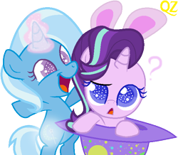 Size: 632x550 | Tagged: safe, artist:alexa1alexa, artist:queenzodiac, derpibooru import, starlight glimmer, trixie, pony, unicorn, :<, base used, bipedal, bunny ears, clothes, colored pupils, confused, cute, cutie mark, diatrixes, duo, female, filly, filly starlight glimmer, filly trixie, glimmerbetes, glowing horn, happy, hat, magic, open mouth, question mark, raised eyebrow, simple background, smiling, starry eyes, time paradox, transparent background, trixie's hat, wingding eyes, younger