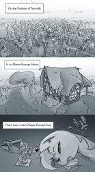 Size: 500x900 | Tagged: safe, artist:rainbowvan45, derpibooru import, trixie, oc, oc:wheely bopper, original species, pony, unicorn, comic, drool, female, figurine, gaming miniature, house, it begins, mare, miniature, monochrome, narrator, ponyville, sleeping, solo, staff, wheelpone